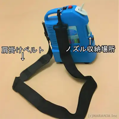 肩掛けベルト、ノズル収納場所